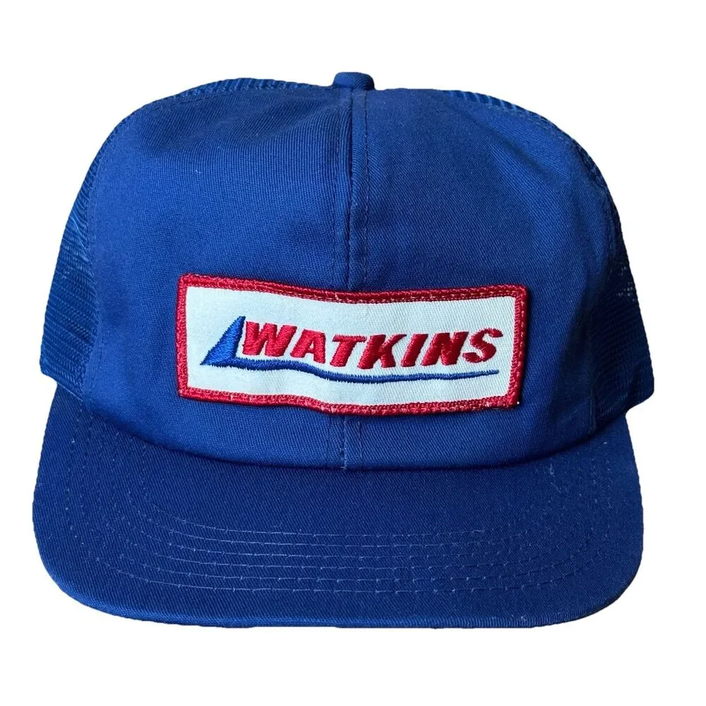 Vintage 80s Watkins Hat Cap Snapback Blue Adjustable Patch Logo Mesh Trucker